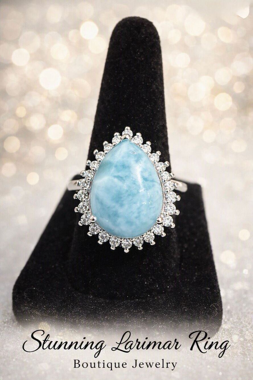 Natural Blue Larimar Teardrop Adjustable Sterling Silver Ring Water Pattern New